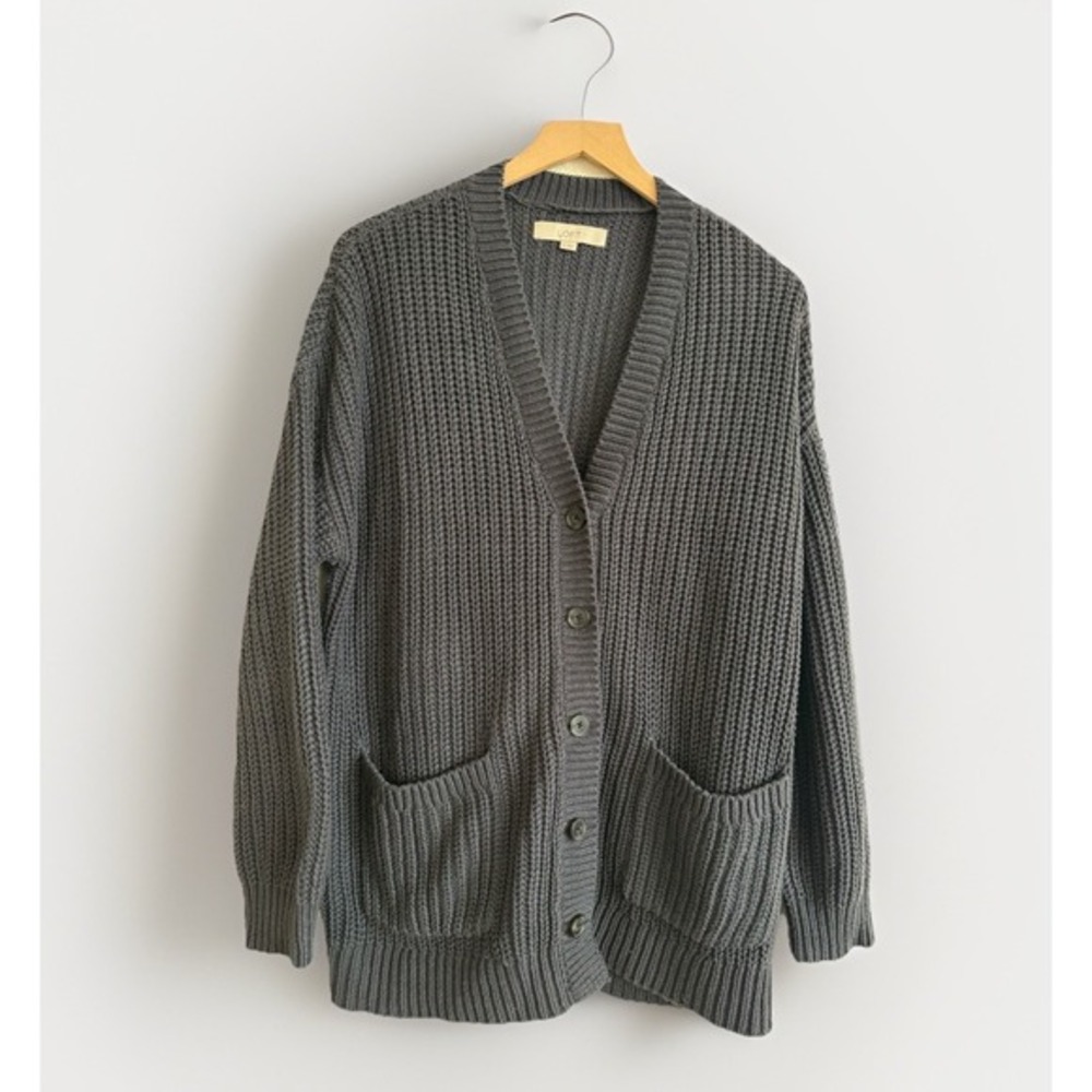 LOFT Sweater Blue XL Cable Knit‎ V Neck Cardigan Pockets Button Front  Cozy